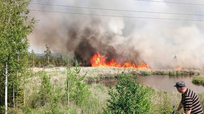 В нескольких километрах от ж/д путей в Свердловской области горит лес